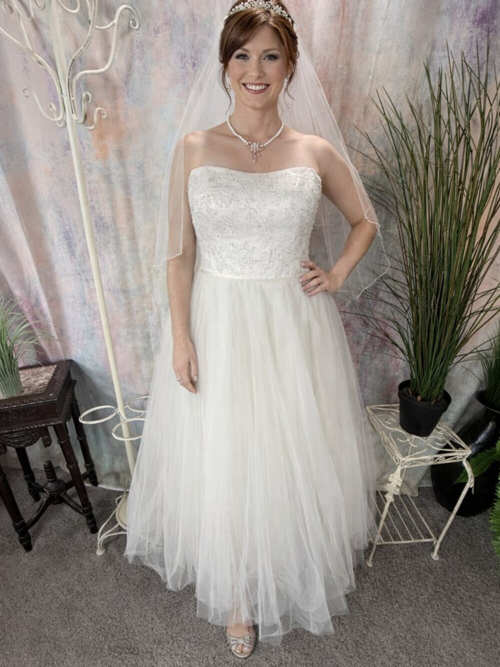 David's Bridal Strapless White Tulle Wedding Dress with Beaded Bodice